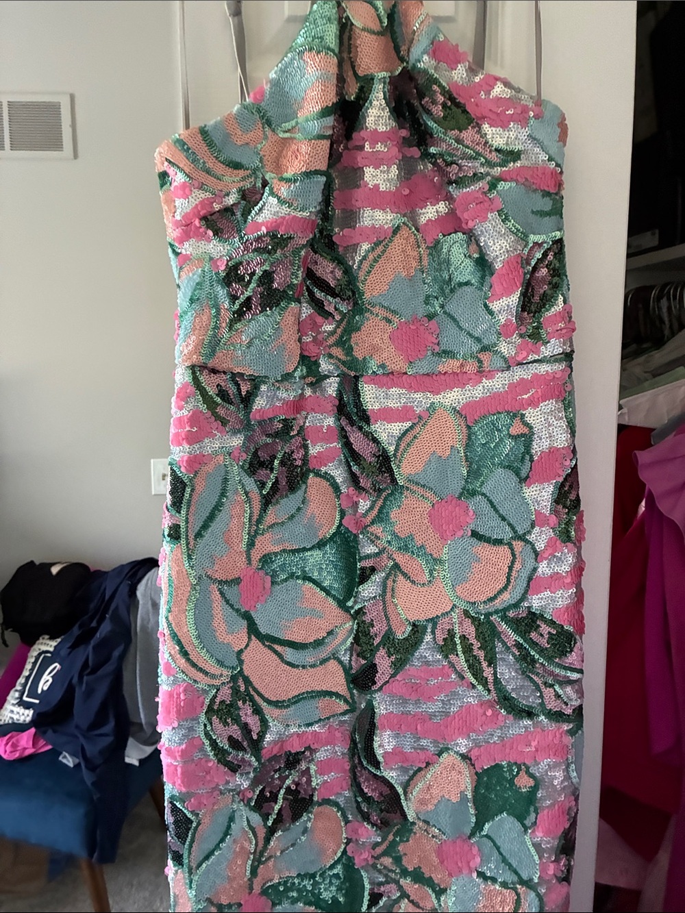 Dress the Population Sequin Floral Maxi Dress in Pink, Mint & Green